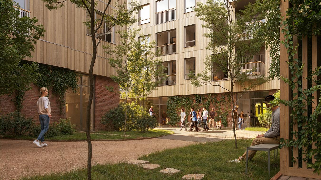 Viser utsnitt fra liv mellom hus i tre, med grønne soner og sittegrupper. Illustrasjon
