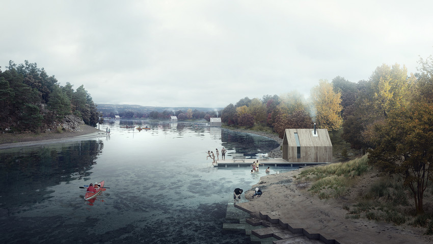 Kystlinje med strand og badebrygge. Illustrasjon