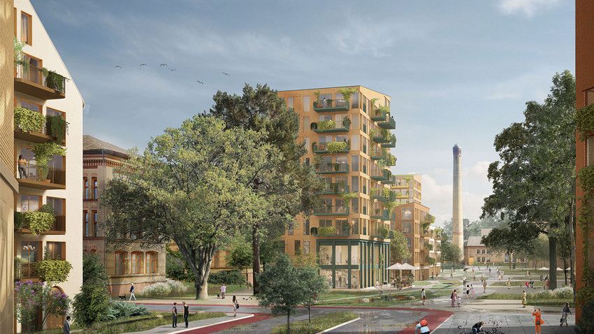 illustration of the area including tall buildings and walk path 