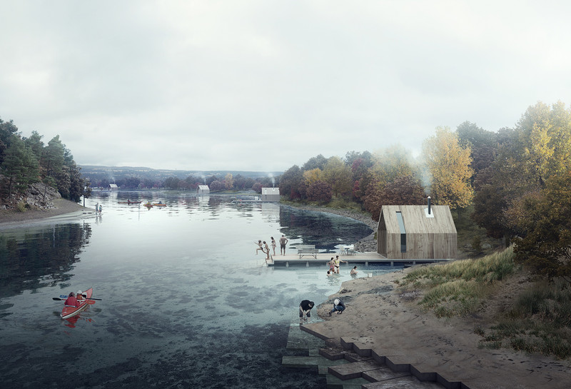 Kystlinje med strand og badebrygge. Illustrasjon