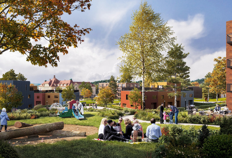 Hagebylandskap med boliger i ulike farger plassert i et livlig grøntområde