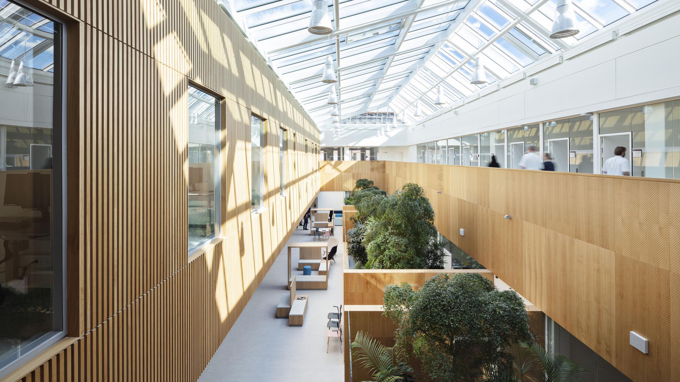 Indendørs atrium med frodig beplantning i det fælles område. Foto