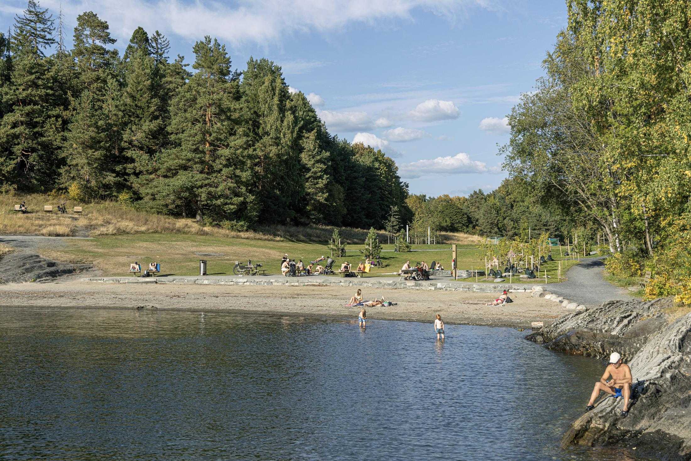 Badebukt på en varm sommerdag. Strand med grønn skog bak. Badende og solende folk. Foto