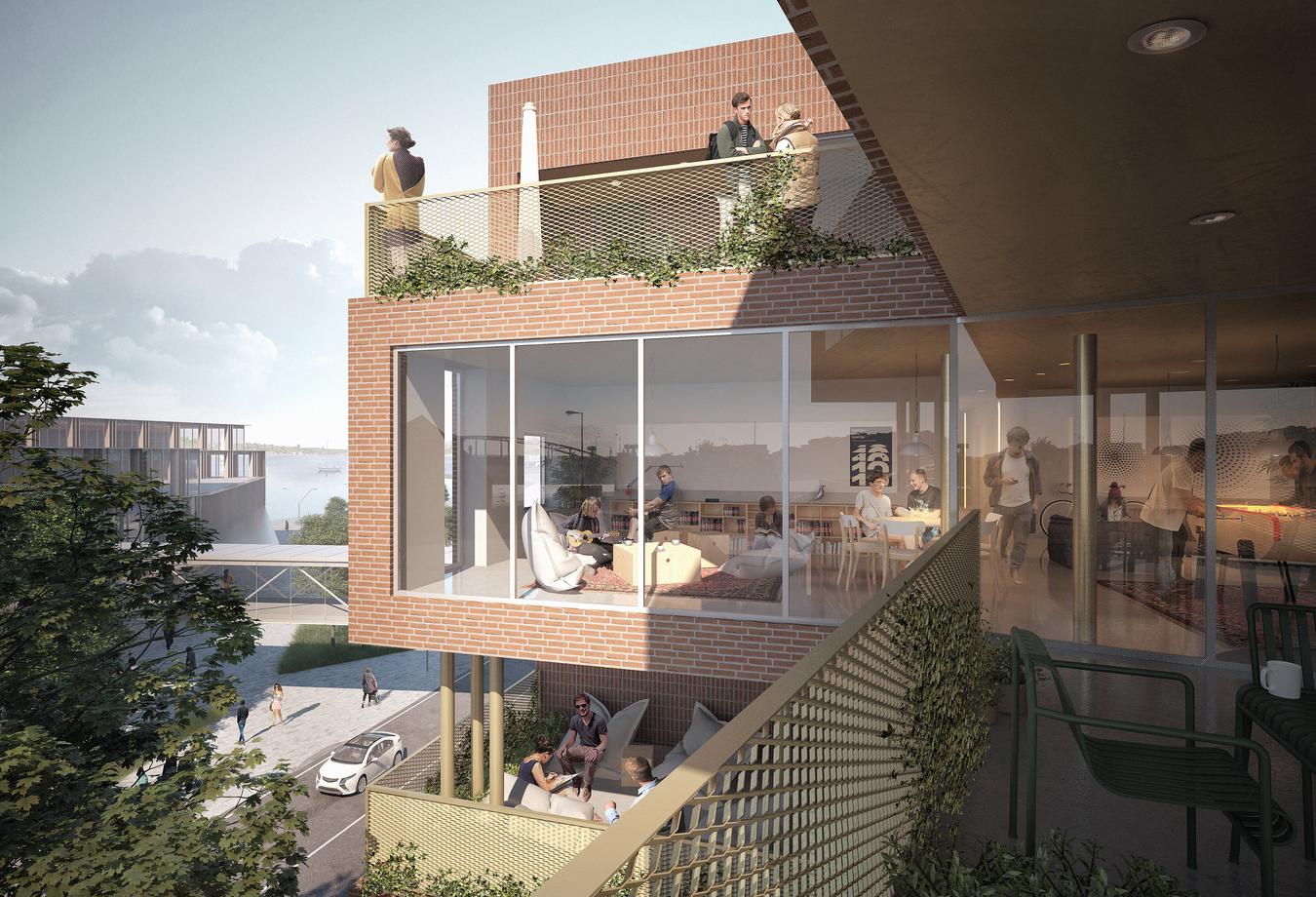 Brick building with large windows and balconies. Illustration