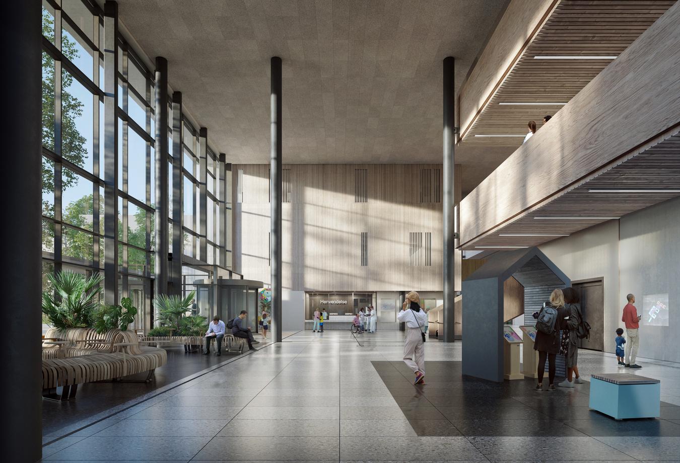 Indoor foyer with wood materials and large glass surfaces. Illustration