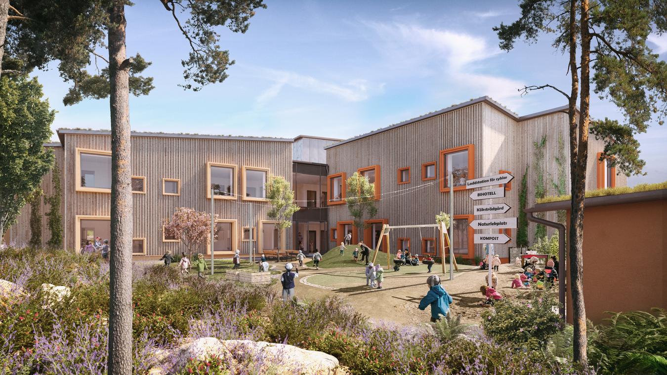 Children play in front of a wooden building with natural vegetation outside. Illustration