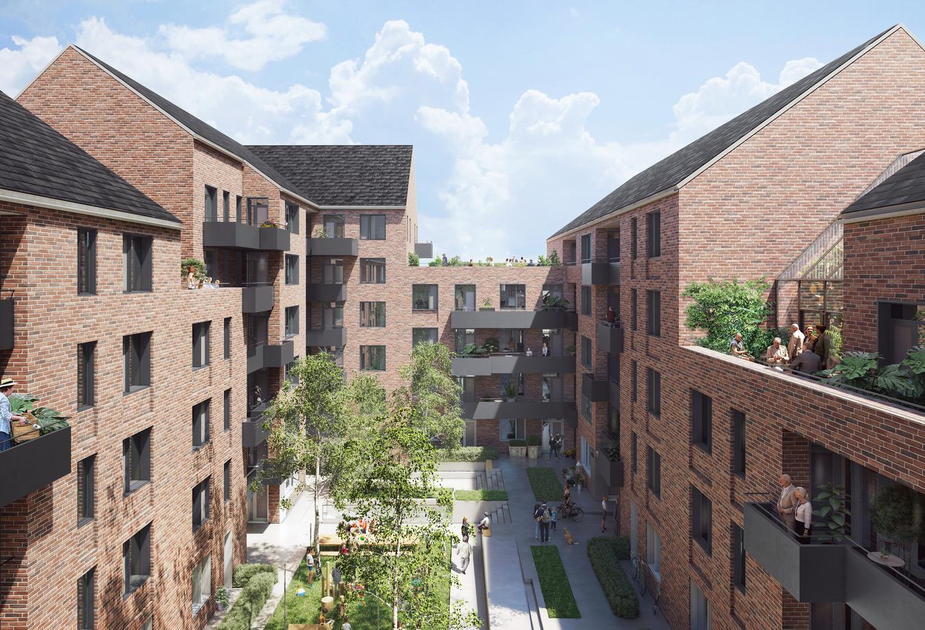 Courtyard with communal garden and meeting places. Illustration