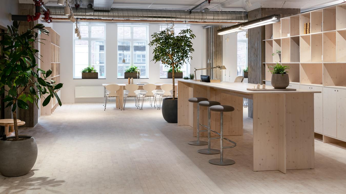 Combined reception and dropdown office space. Photo