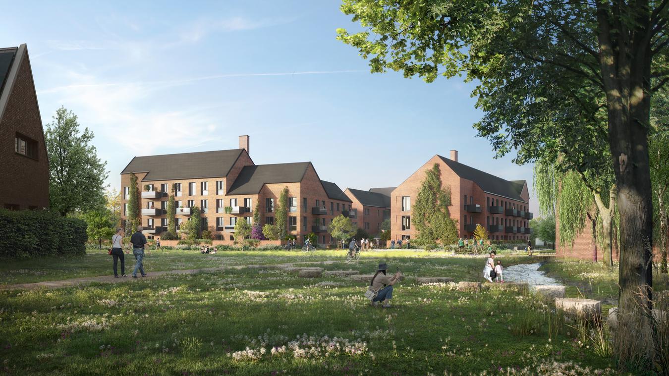 Brick house with green plants and park in front. Illustration