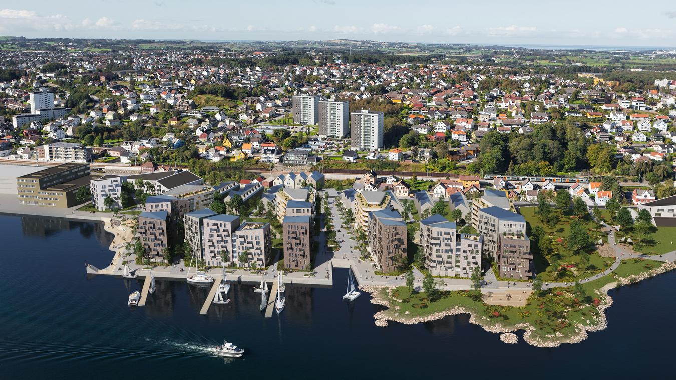 Oversiktsbilde over området langs fjorden. Illustrasjon