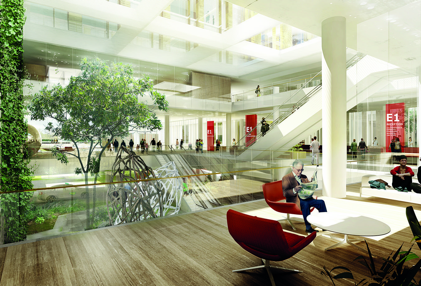 Different levels indoors, social zones and escalators. Illustration