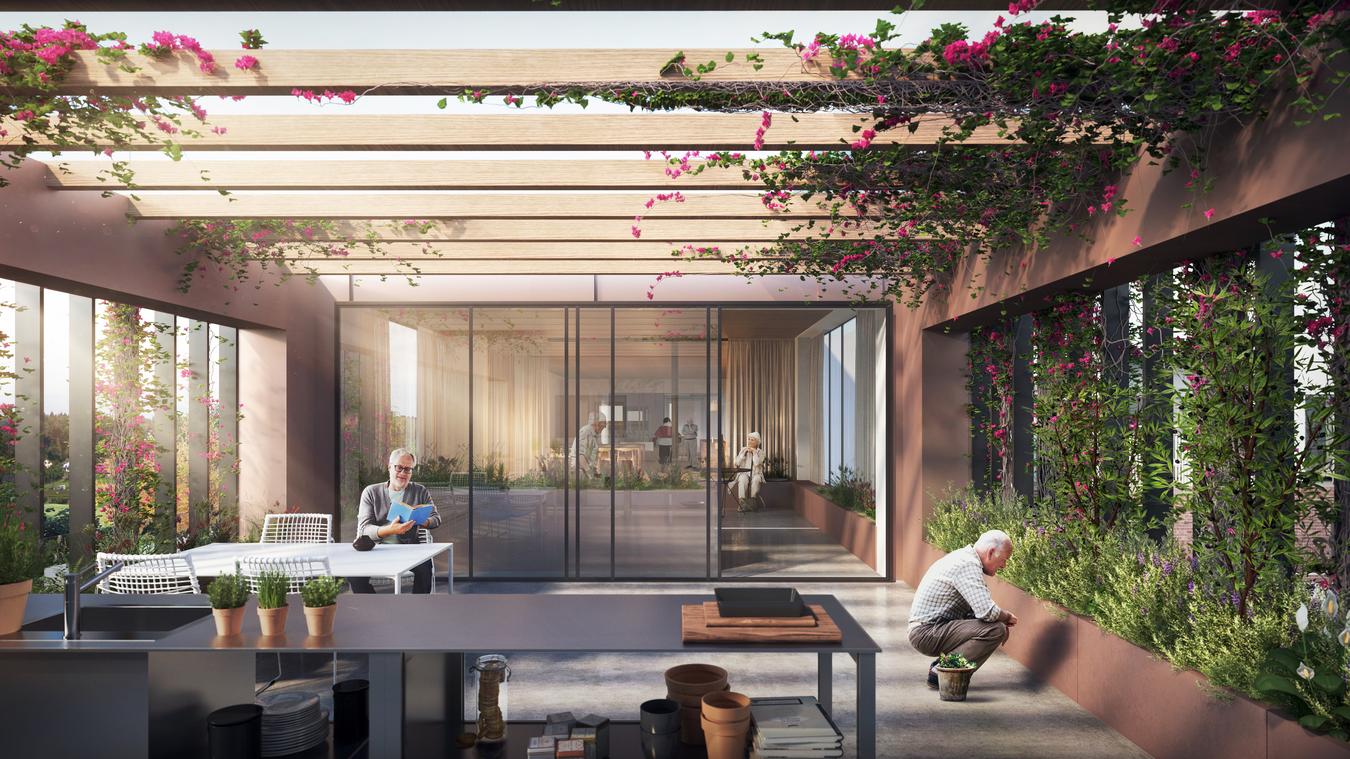 Pensjonist steller med planter på verandaen. Illustrasjon