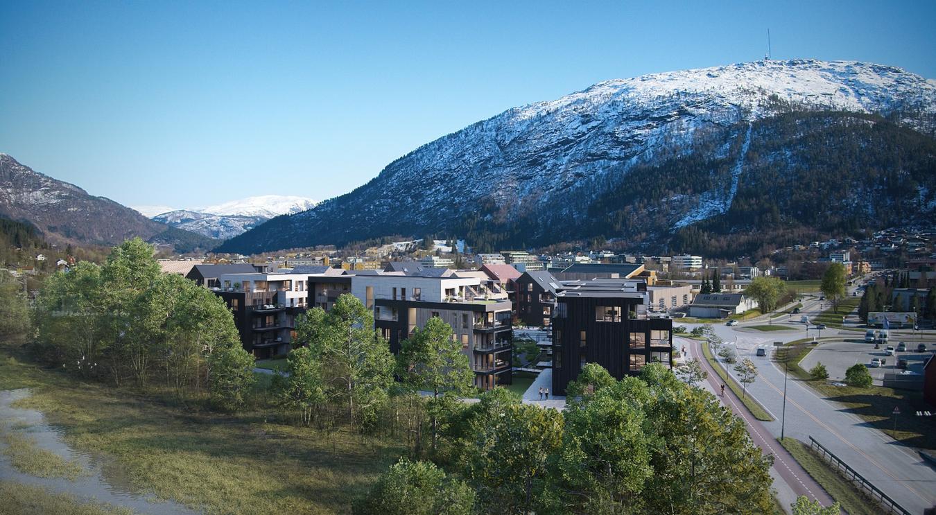 en illustrasjon av en klynge med hus som ligger i en dal