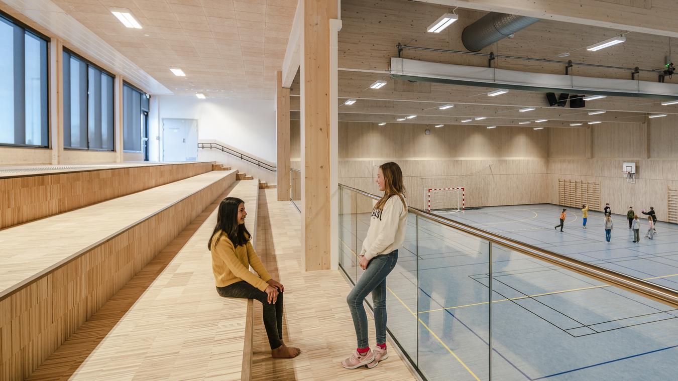 Gymnastiksal, interiør med fritlagt massivt træ og blåt gulv. Foto