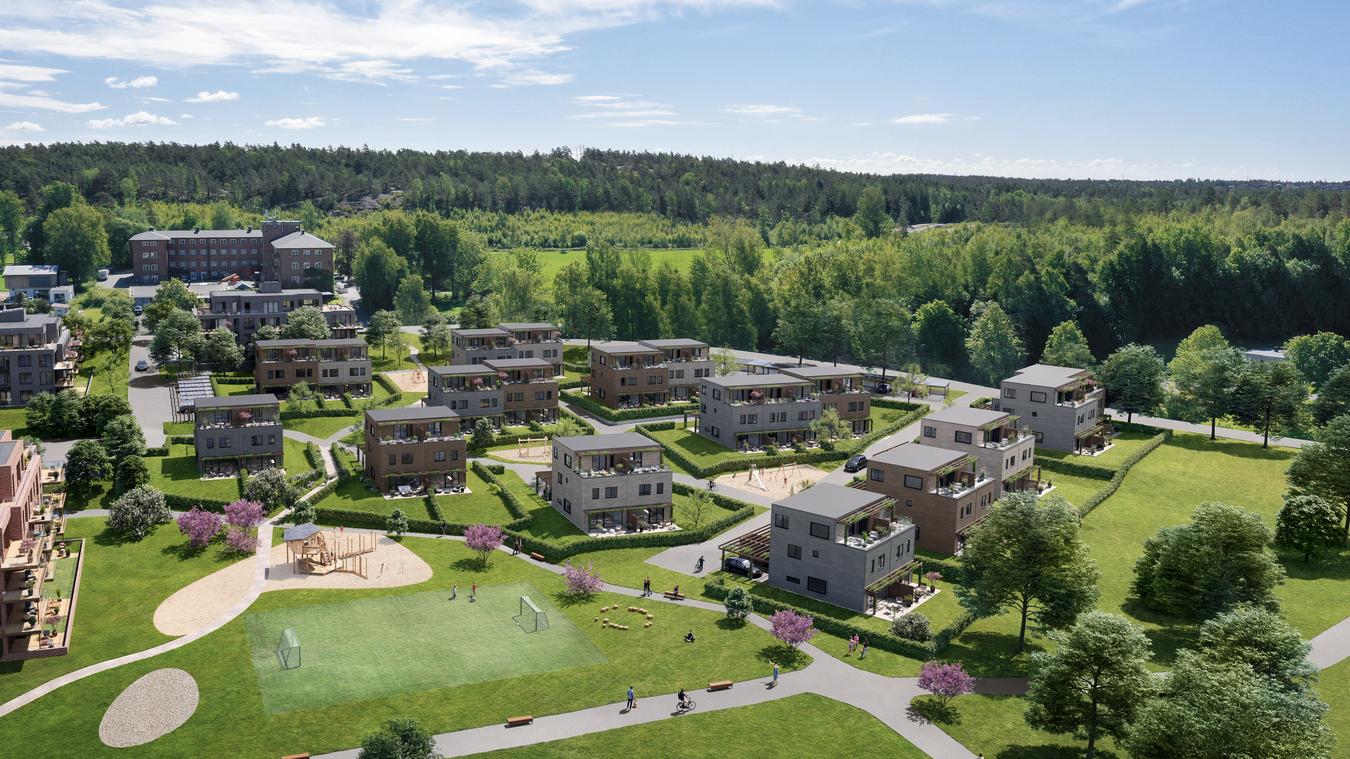 Oversiktsbilde av boligområde i grønne omgivelser. Illustrasjon